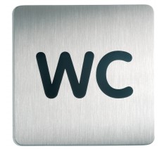 Plaque de porte carrée, en inox, picto "WC" - 150 x 150 mm