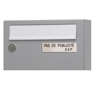 Plaque "PAS DE PUBLICITE - SVP" - Fond argent, texte gravé noir