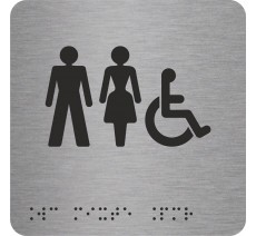 Picto alu avec braille et relief "Toilettes mixtes, handicapés", 5 couleurs au choix