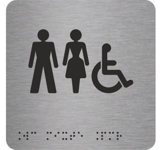 Picto alu avec braille et relief "Toilettes mixtes, handicapés", 5 couleurs au choix