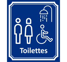 Plaque porte Côté rue " Toilettes mixtes, handicapé et douche" en aluminium