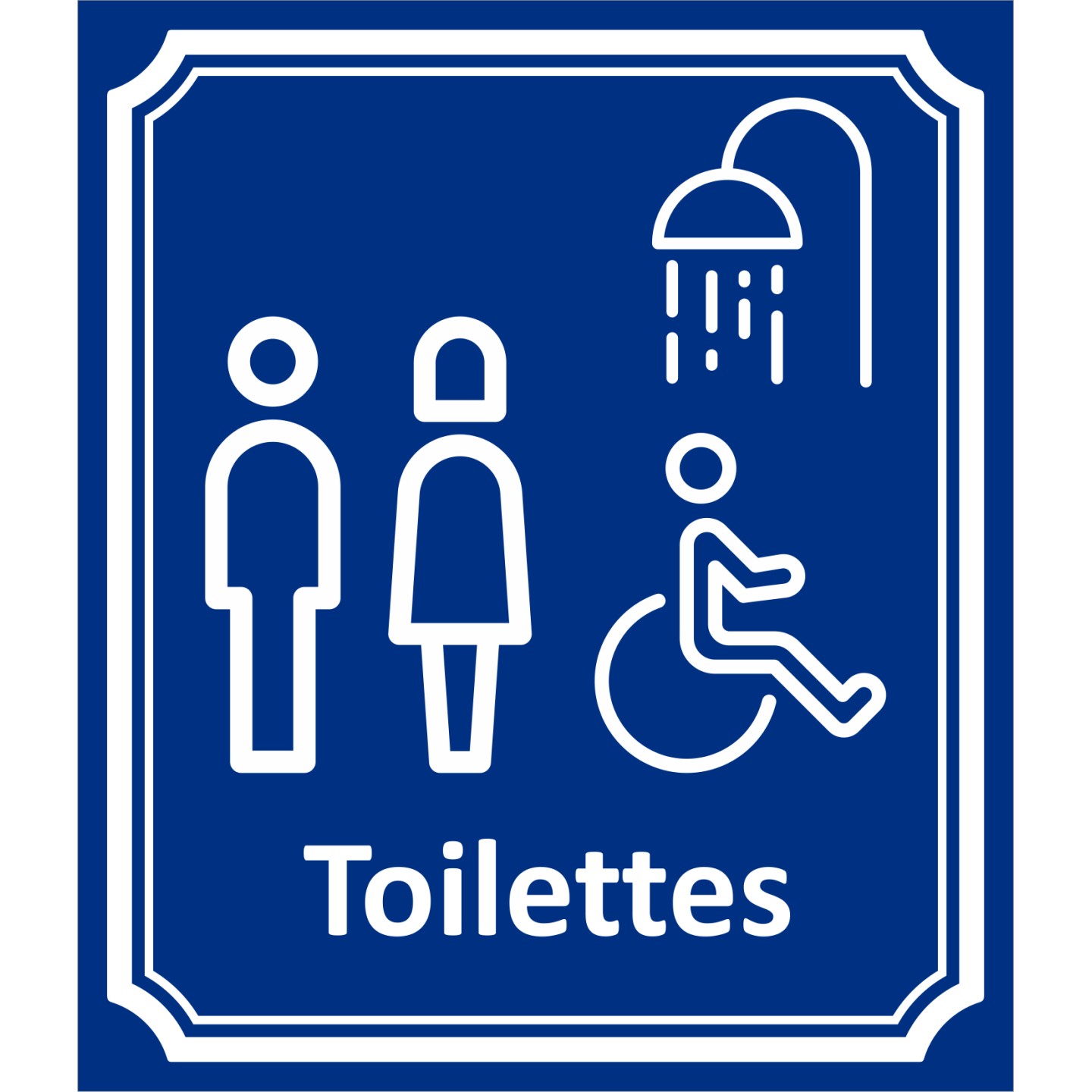 Plaque porte Côté rue " Toilettes mixtes, handicapé et douche" en aluminium