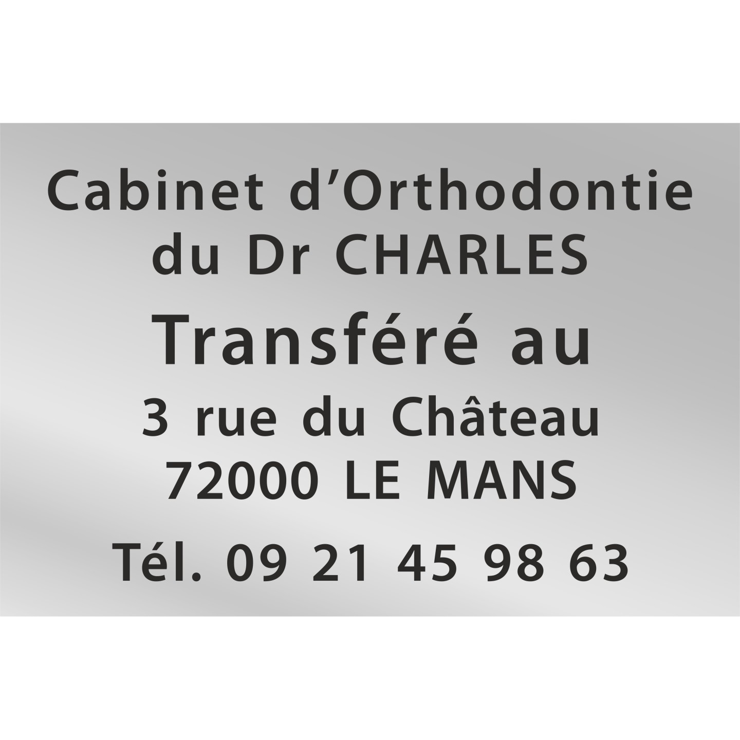 Plaque de transfert provisoire, fond argent, texte gravé noir