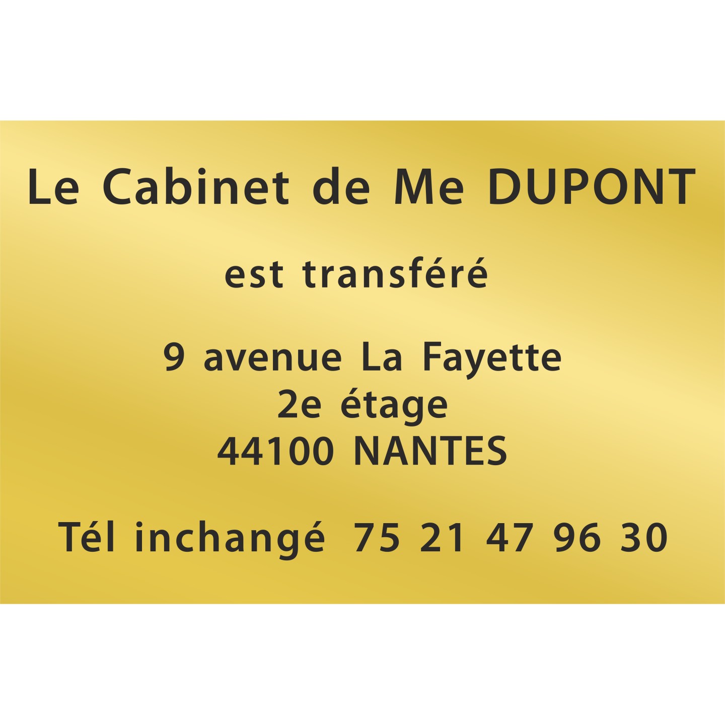 Plaque de transfert provisoire, fond or, texte gravé noir