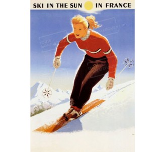 Publicité Vintage "Ski in the sun in France" sur plaque alu