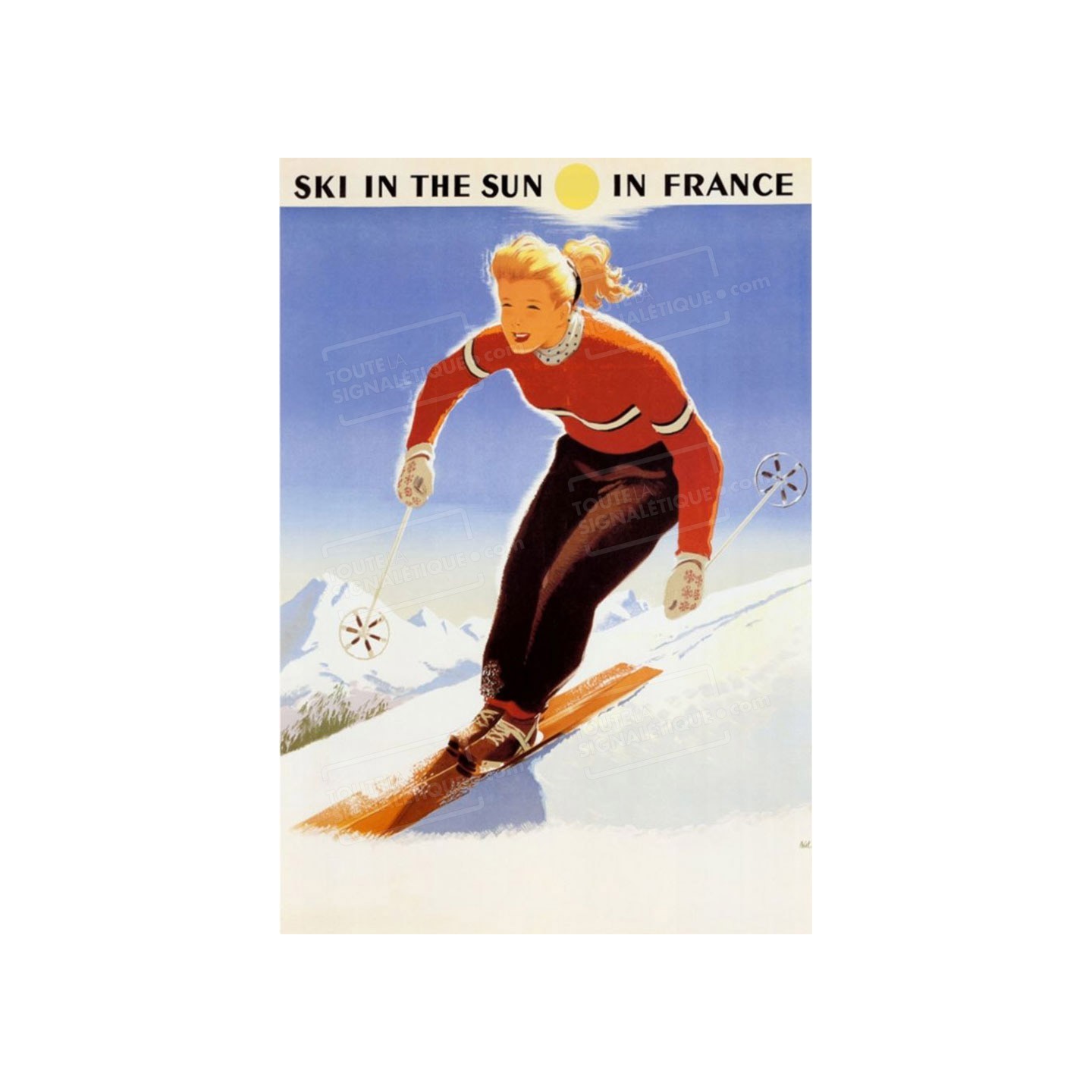 Publicité Vintage  "Ski in the sun in France" sur plaque alu