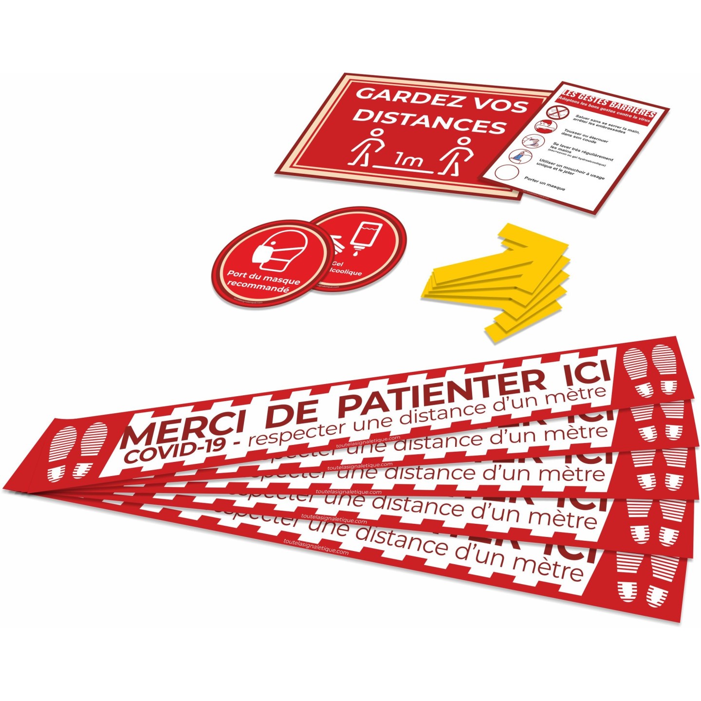 Kit COVID-19 avec bandes au sol, flèches, et autocollants de préventions