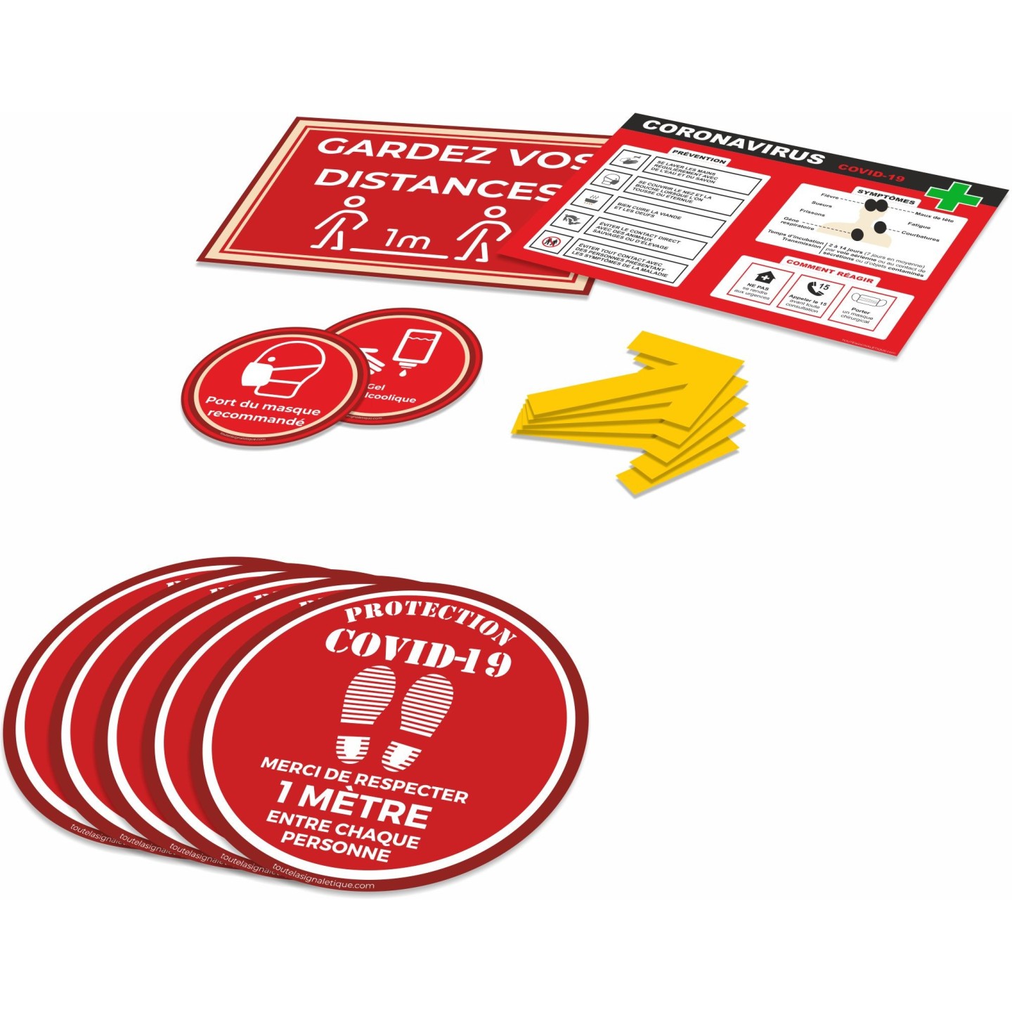 Kit COVID-19 avec bandes au sol, flèches, et autocollants de préventions