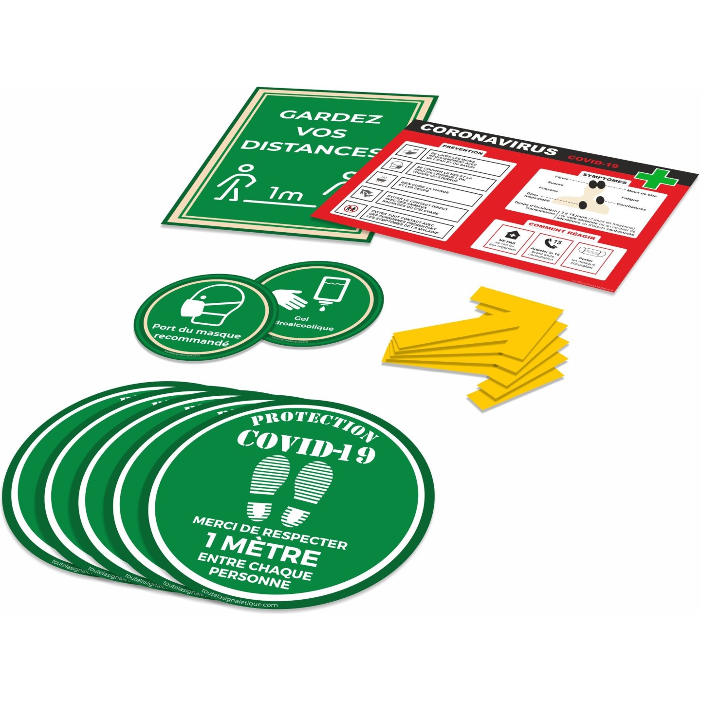 Kit COVID-19 avec bandes au sol, flèches, et autocollants de préventions