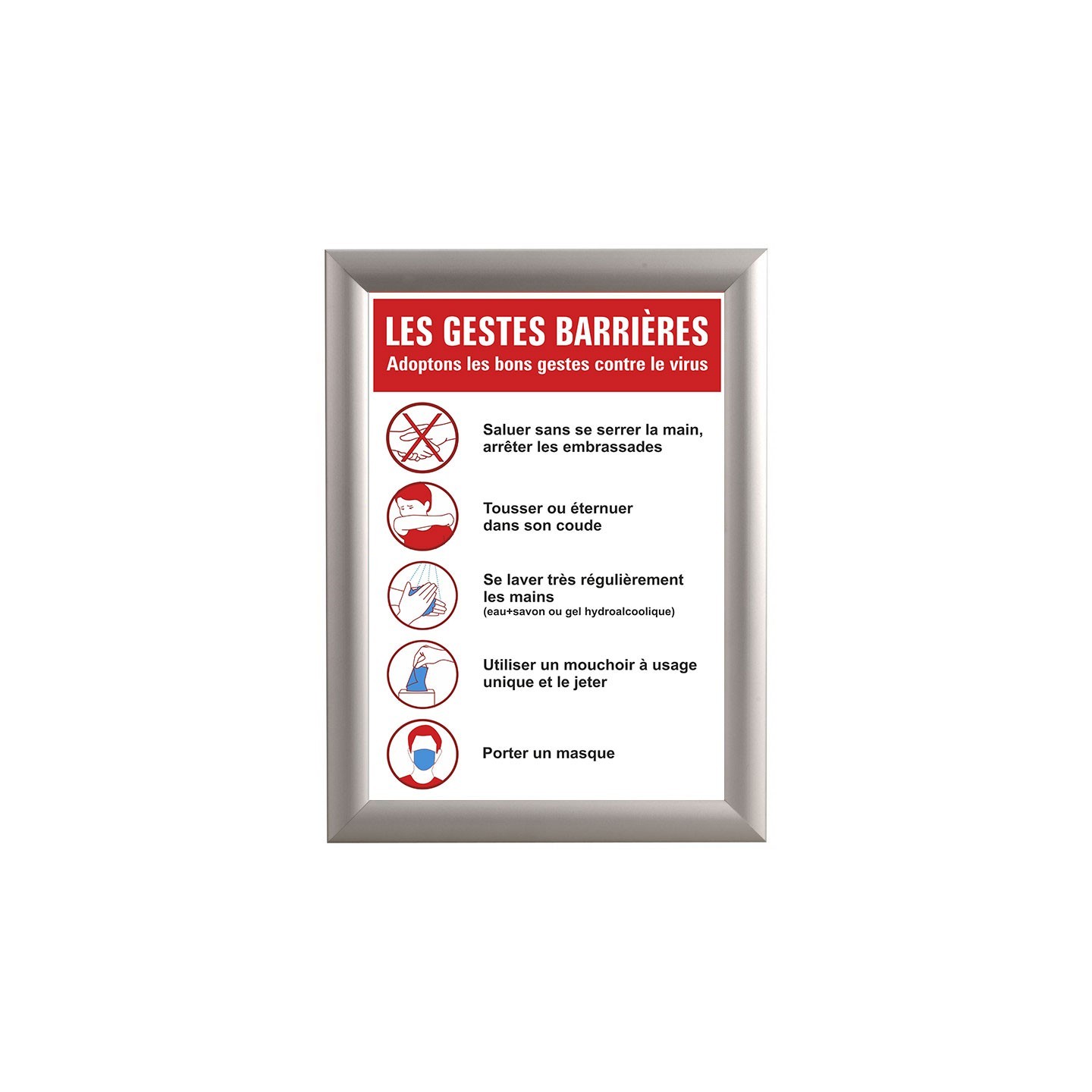 Cadre clic clac en alu avec affiche intégrée Coronavirus Covid 19 - Gestes barrières
