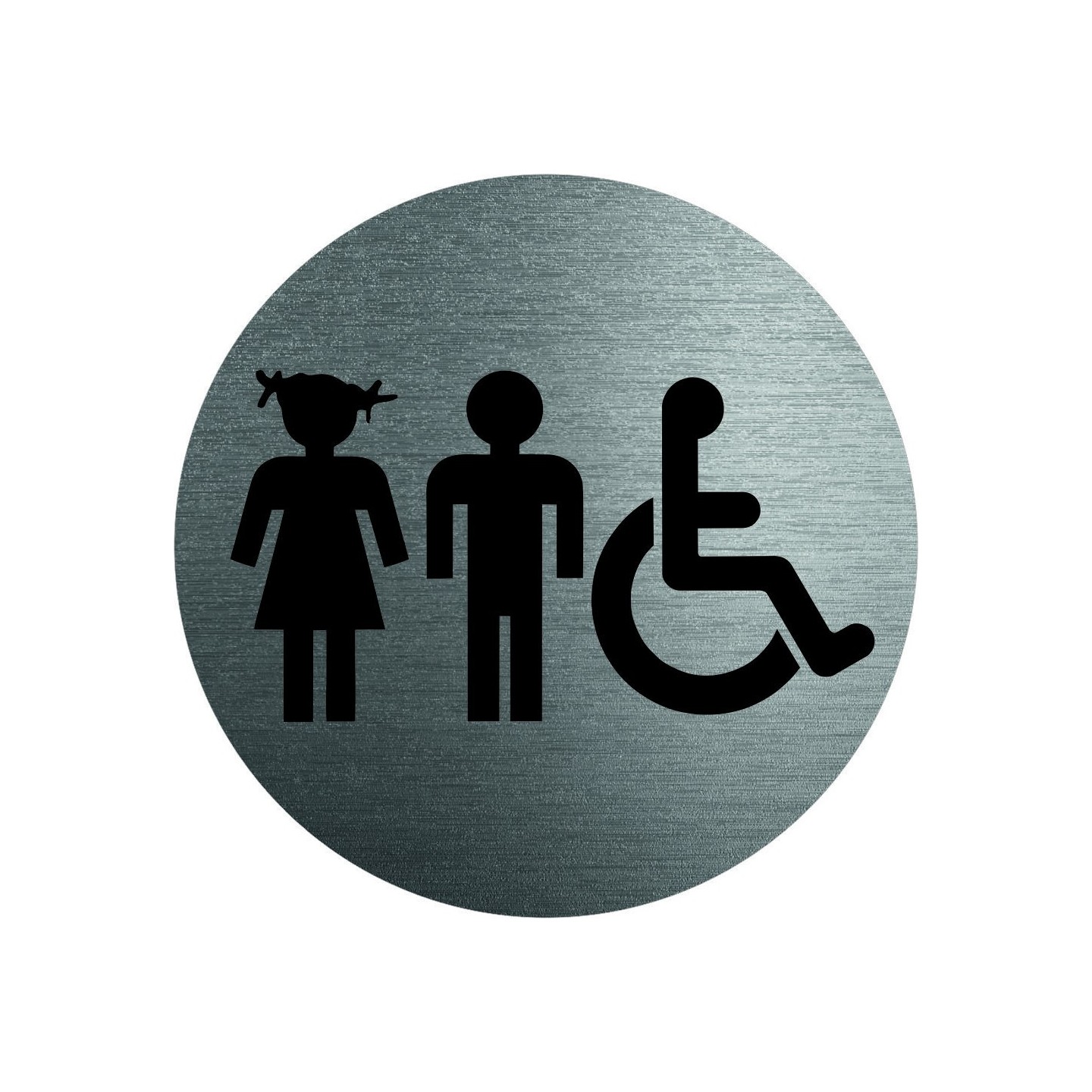 Plaque porte alu ou pvc picto rond Toilettes mixtes, handicapés enfants