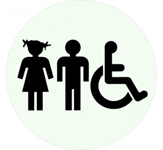 Plaque porte alu ou pvc picto rond Toilettes mixtes, handicapés enfants