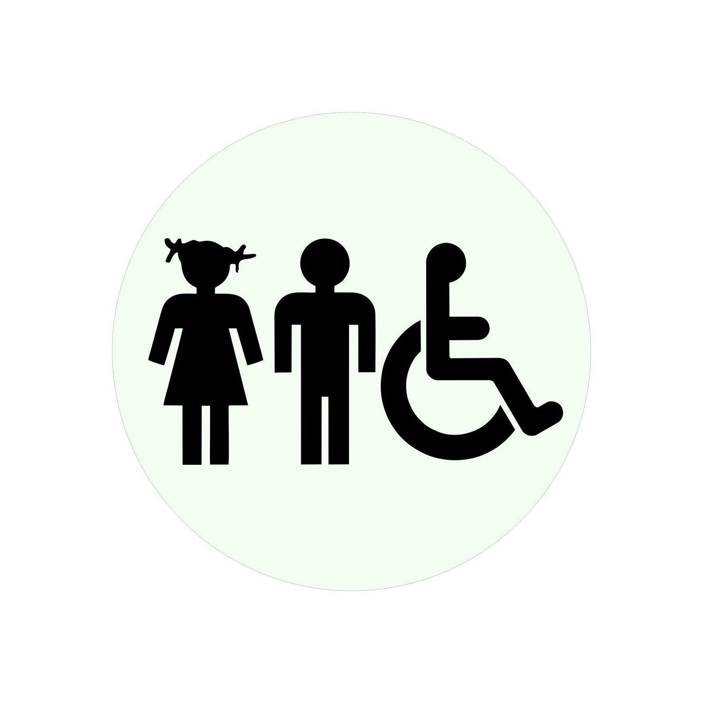 Plaque porte alu ou pvc picto rond Toilettes mixtes, handicapés enfants