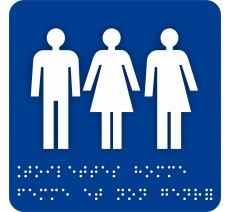 Pictogramme avec braille et relief "Toilettes homme, femme et non genrées"