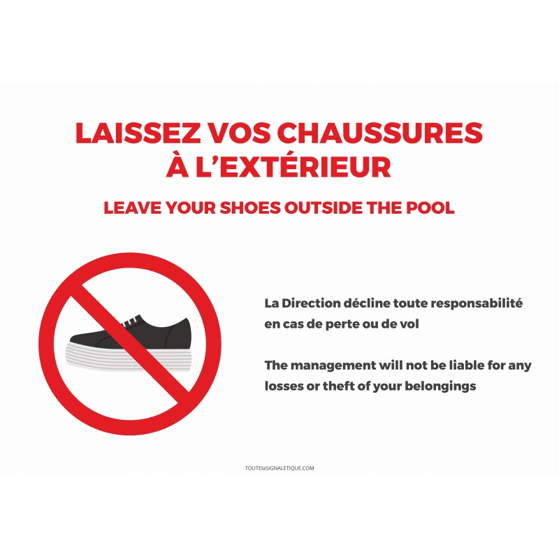 Panneau Laissez vos chaussures à l'extérieur pour piscines