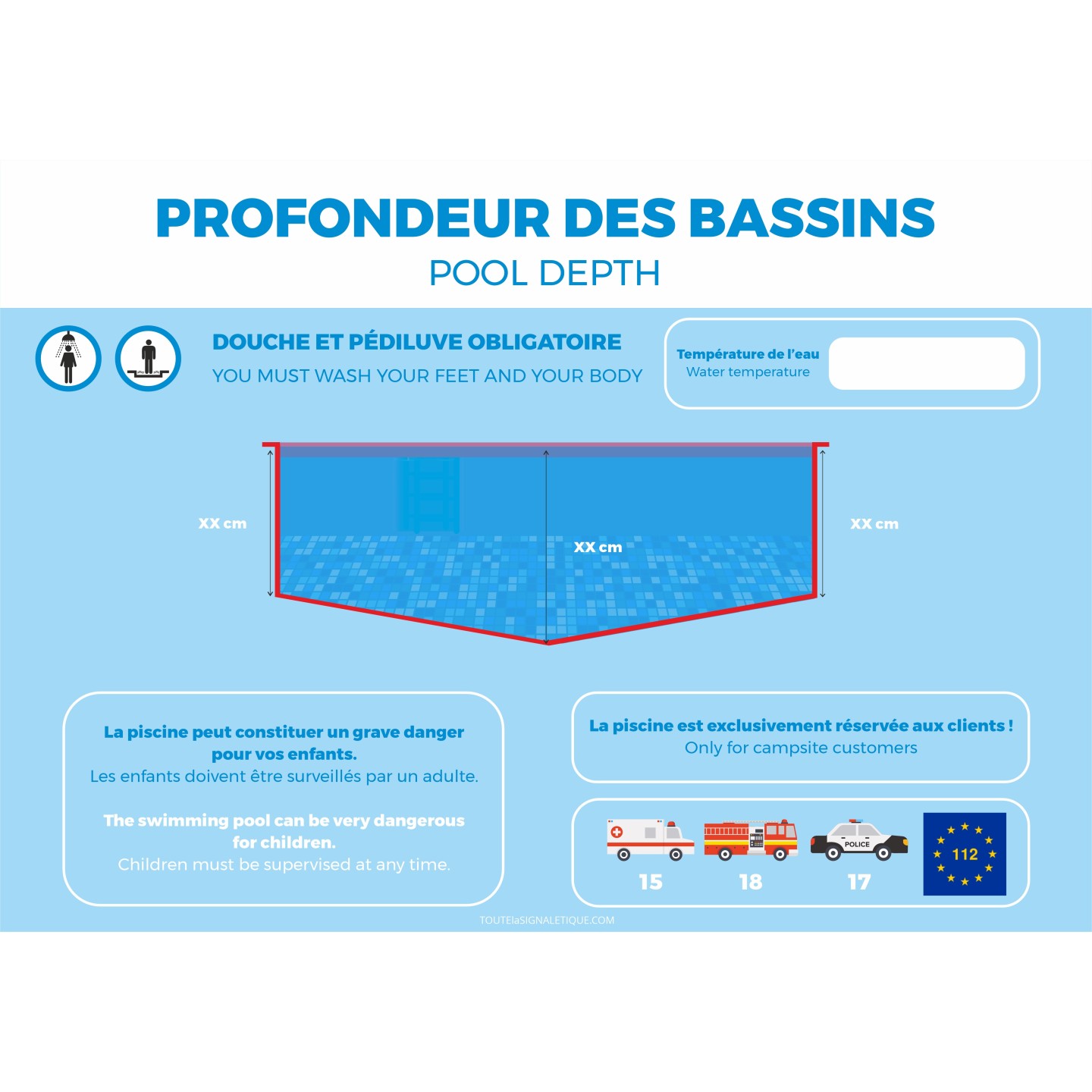 Panneau "Profondeur des bassins" à personnaliser - PVC ou adhésif