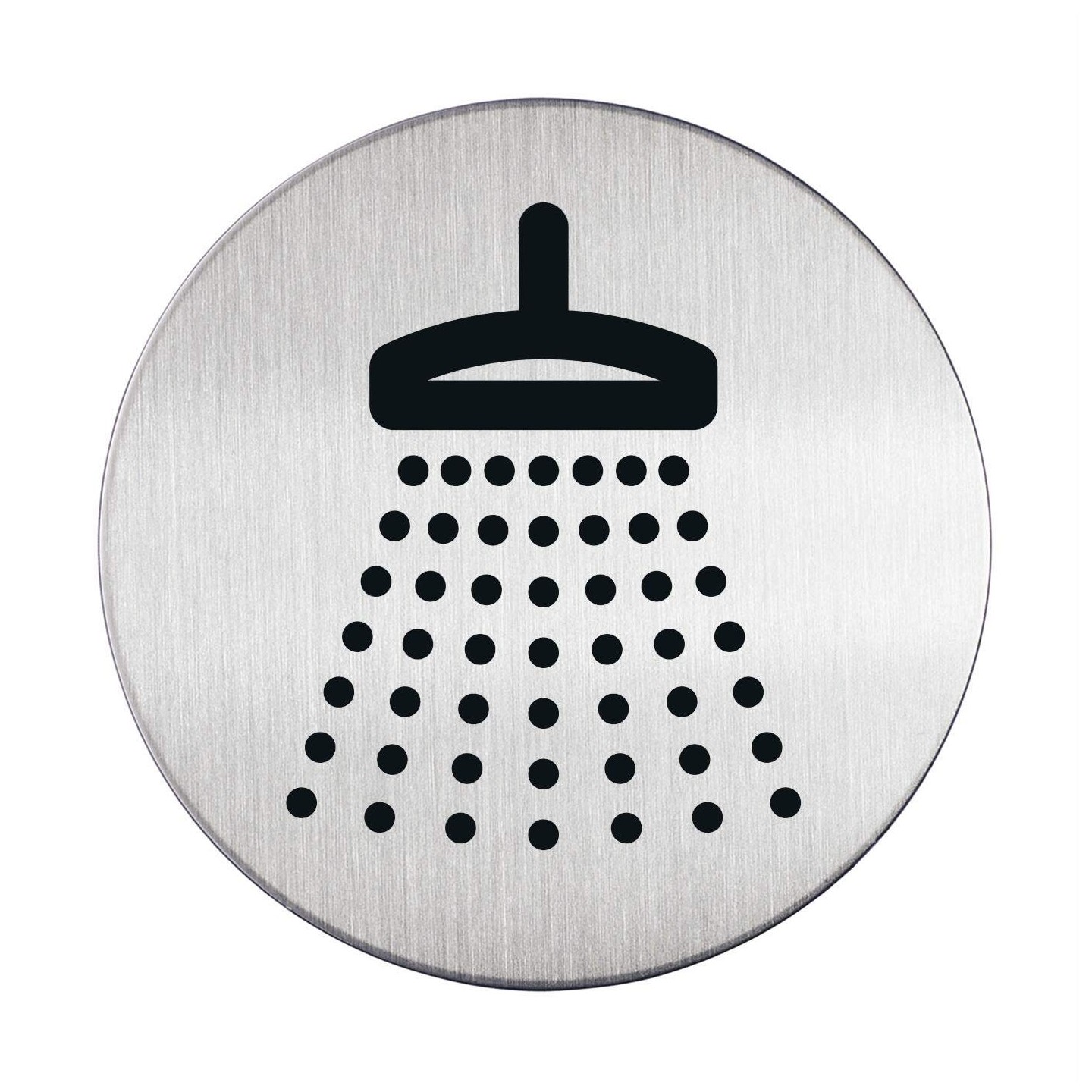 Plaque de porte ronde, en inox, picto "Douche" - Diamètre 83 mm