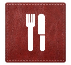 Plaque porte "restaurant" imitation cuir bordeaux - picto carré