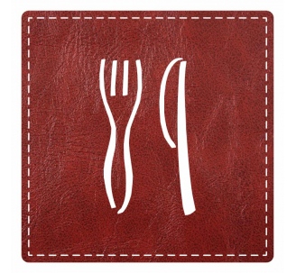 Plaque porte "restaurant" imitation cuir bordeaux - picto carré