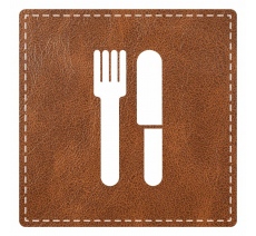 Plaque porte "restaurant" imitation cuir marron - picto carré