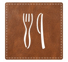 Plaque porte "restaurant" imitation cuir marron - picto carré