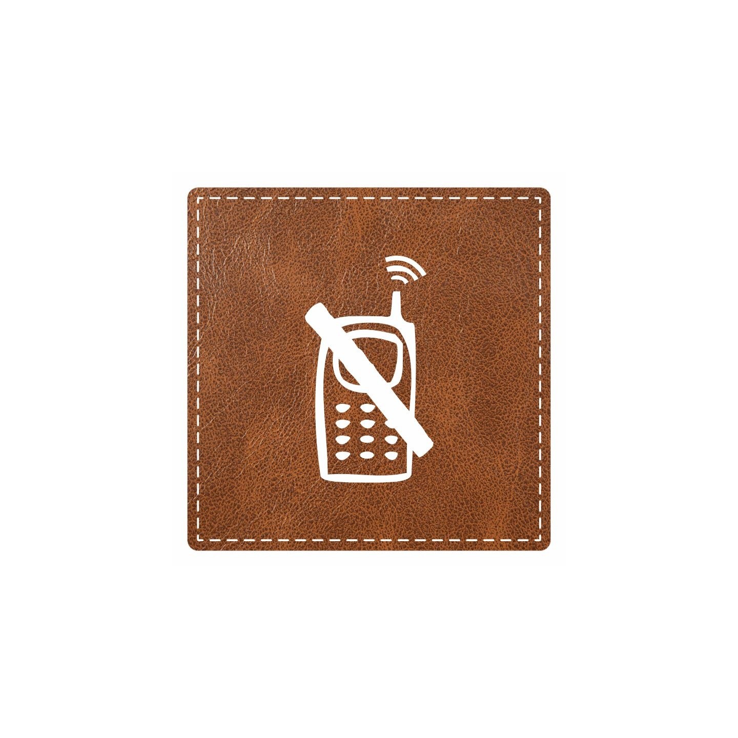 Plaque porte "Téléphone interdit" - imitation cuir marron - picto carré