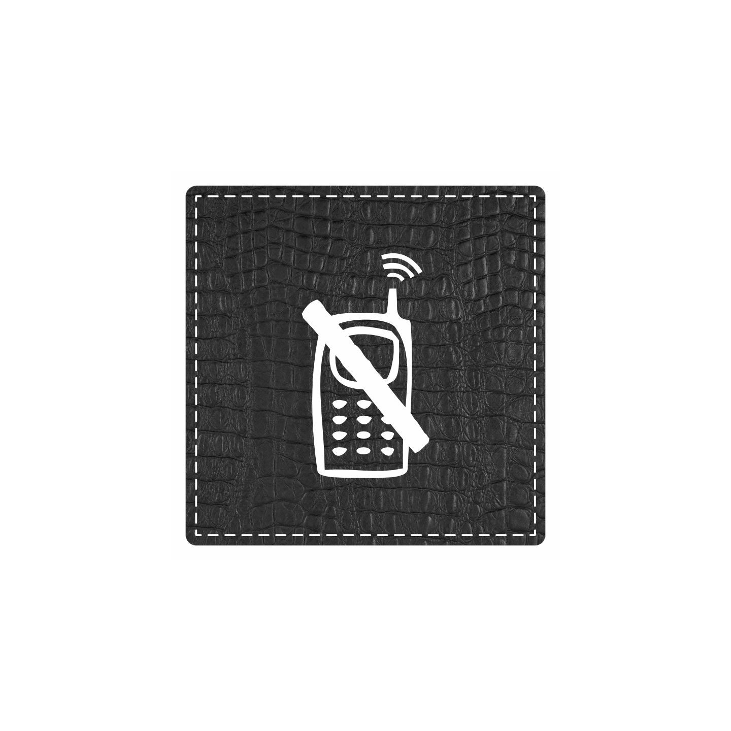 Plaque porte "Téléphone interdit" - imitation cuir noir - picto carré