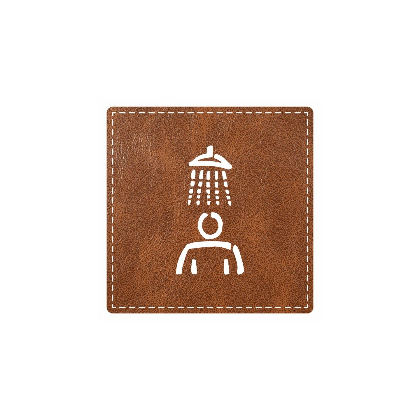 Plaque porte "Douche" - imitation cuir marron - picto carré