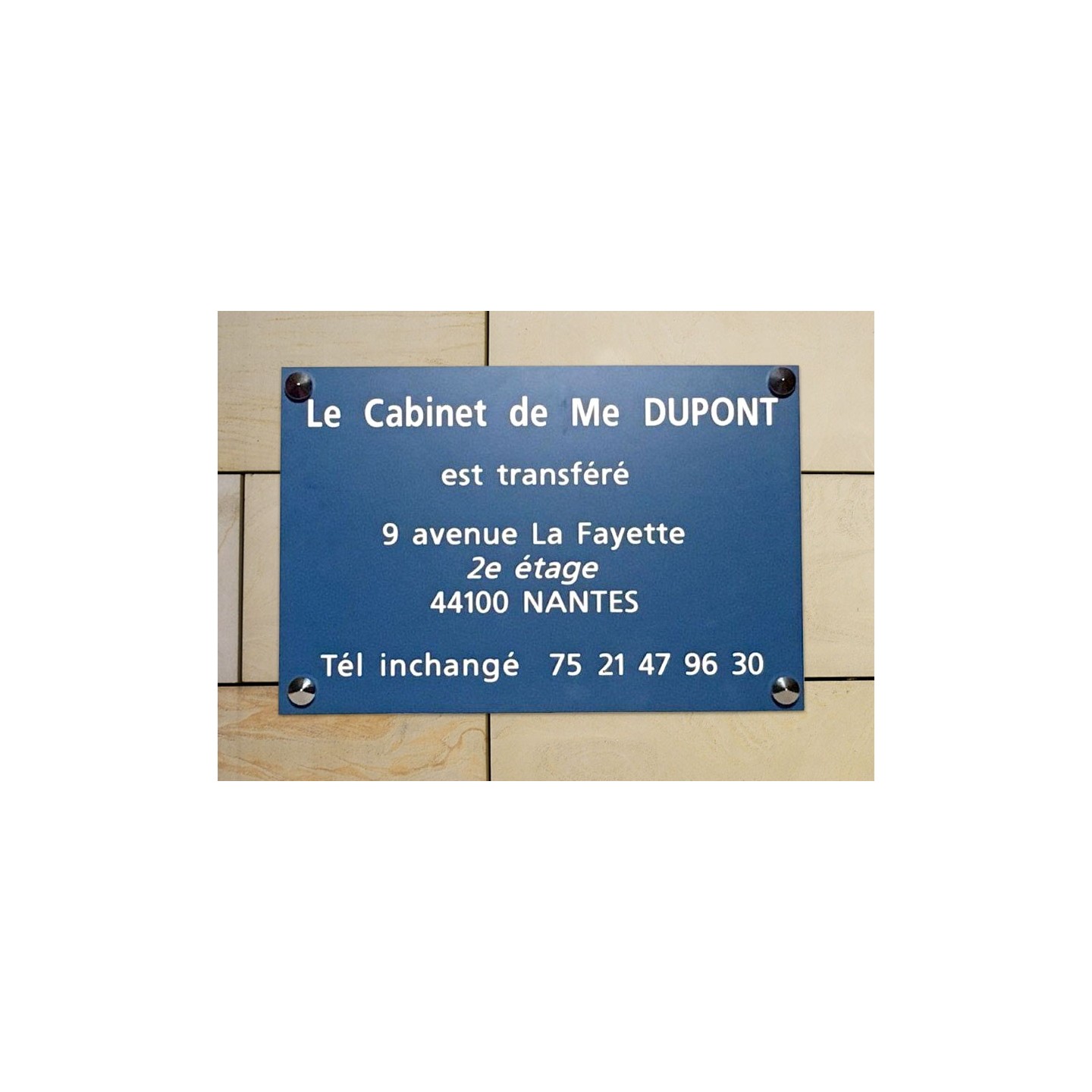 Plaque de transfert provisoire, fond bleu, texte gravé blanc